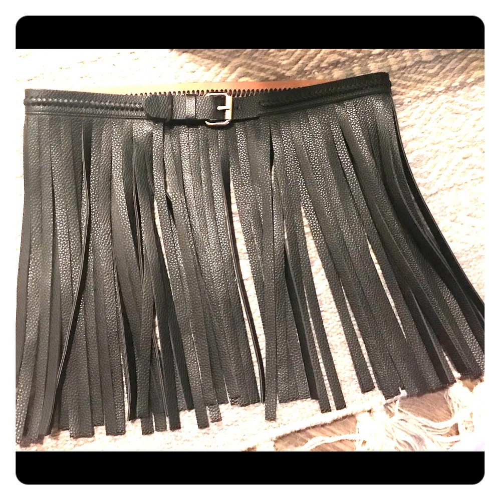 BCBG MaxAzria Black Leather Fringe Skirt Belt
